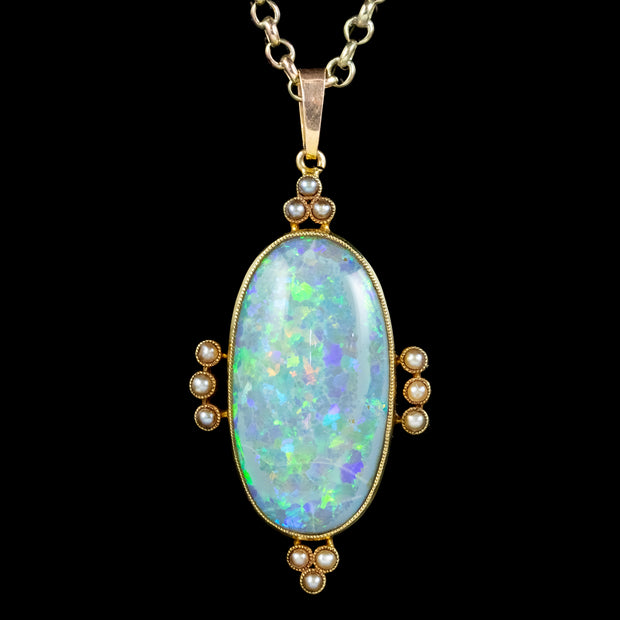 Antique Victorian Opal Pearl Pendant Necklace 15Ct Gold 25Ct Natural Opal Circa 1900