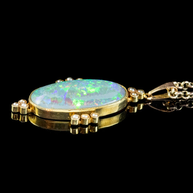 Antique Victorian Opal Pearl Pendant Necklace 15Ct Gold 25Ct Natural Opal Circa 1900