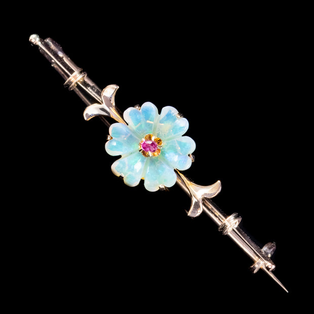 Antique Victorian Opal Ruby Flower Brooch 9ct Gold Circa 1900 Boxed