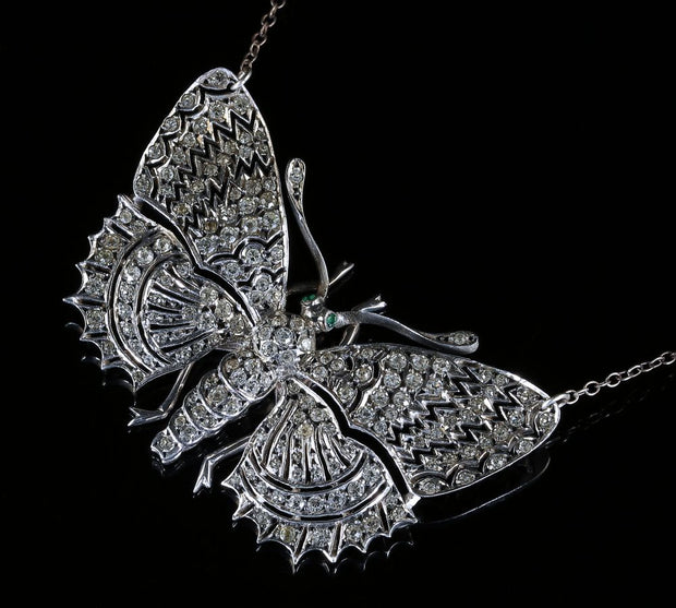 Antique Victorian Paste Butterfly Pendant Necklace Silver Emerald Eyes