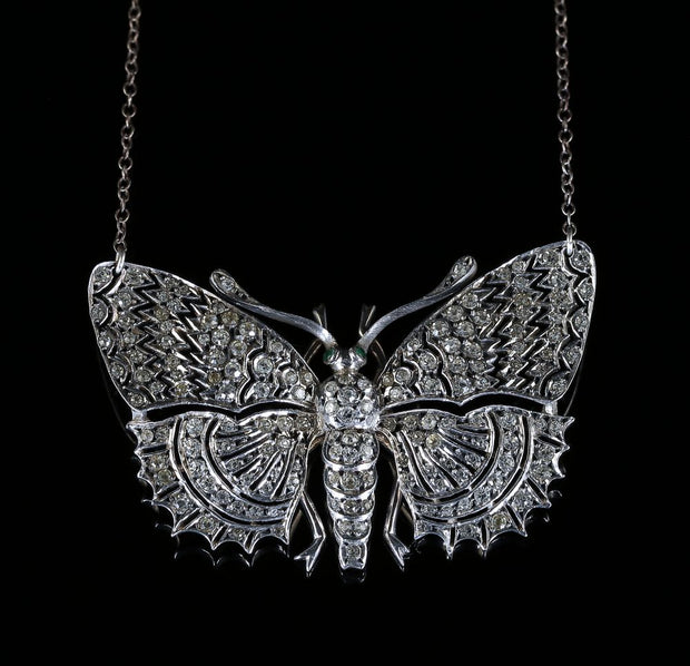 Antique Victorian Paste Butterfly Pendant Necklace Silver Emerald Eyes