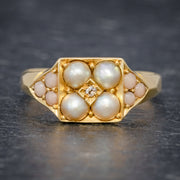 Antique Victorian Pearl Coral Diamond Cluster Ring 18Ct Gold Dated 1872