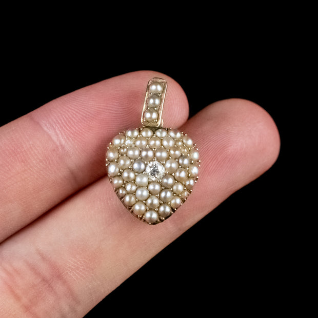 Antique Victorian Pearl Diamond Heart Pendant Locket 18Ct Gold Circa 1860