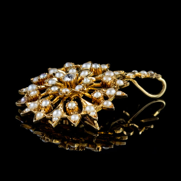 Antique Victorian Pearl Diamond Pendant Brooch 15Ct Gold Circa 1880
