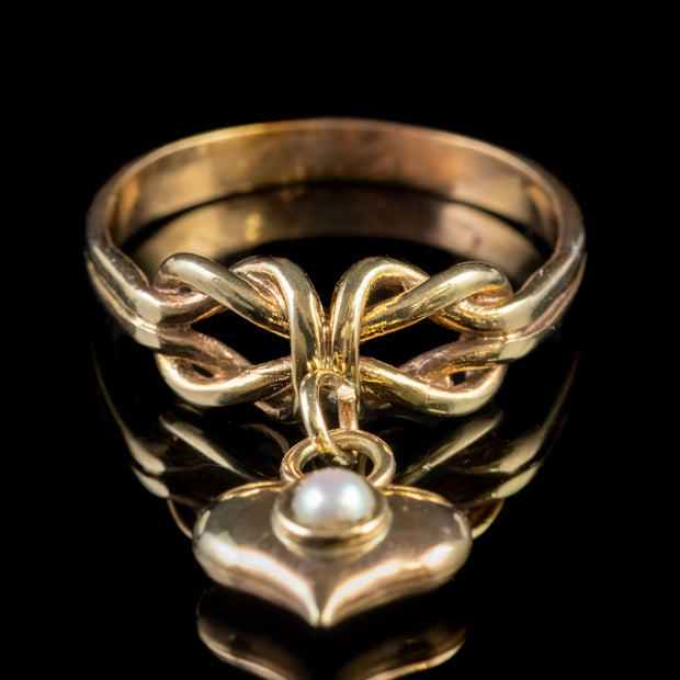 Antique Victorian Pearl Heart Charm Ring 18Ct Gold Circa 1870