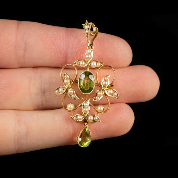 Antique Victorian Peridot Pearl Dropper Pendant 15Ct Gold Circa 1890