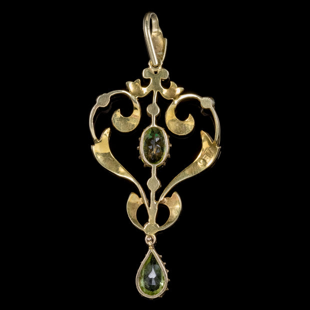 Antique Victorian Peridot Pearl Pendant 15Ct Gold Circa 1900
