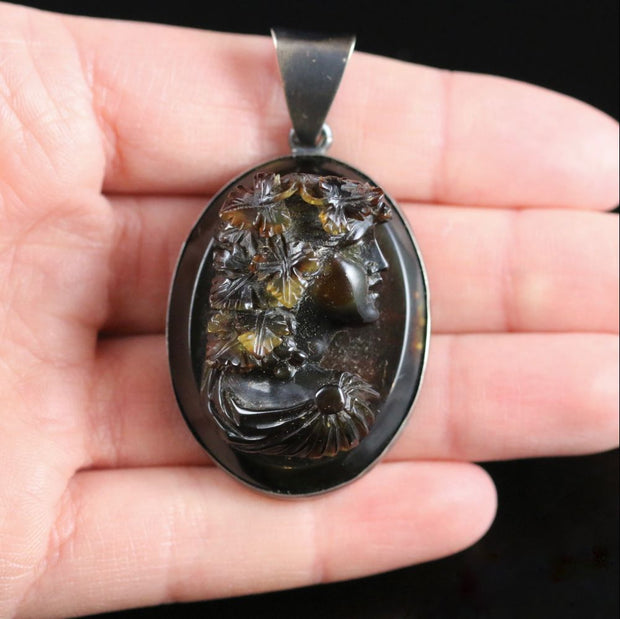 Antique Victorian Pique Tortoise Shell Sterling Silver Cameo Pendant