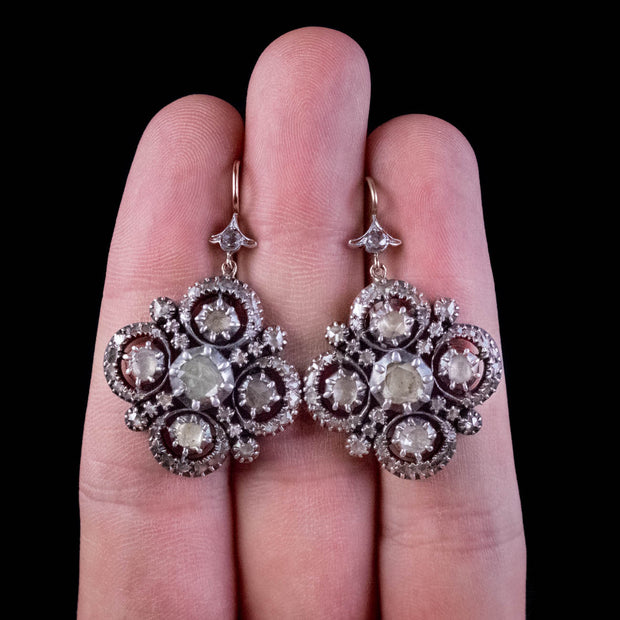 Antique Victorian Rose Cut Diamond Earrings Silver 18Ct Gold 4Ct Of Diamond Circa 1840