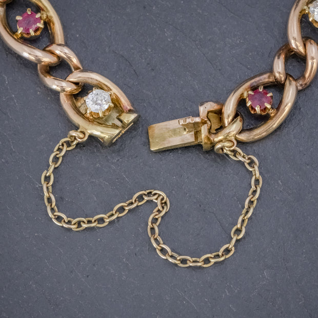 Antique Victorian Ruby Diamond Curb Bracelet 18Ct Gold Circa 1880