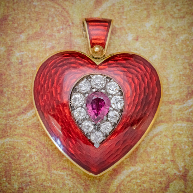 Antique Victorian Ruby Diamond Red Guilloche Enamel Heart Pendant Locket 18Ct Gold