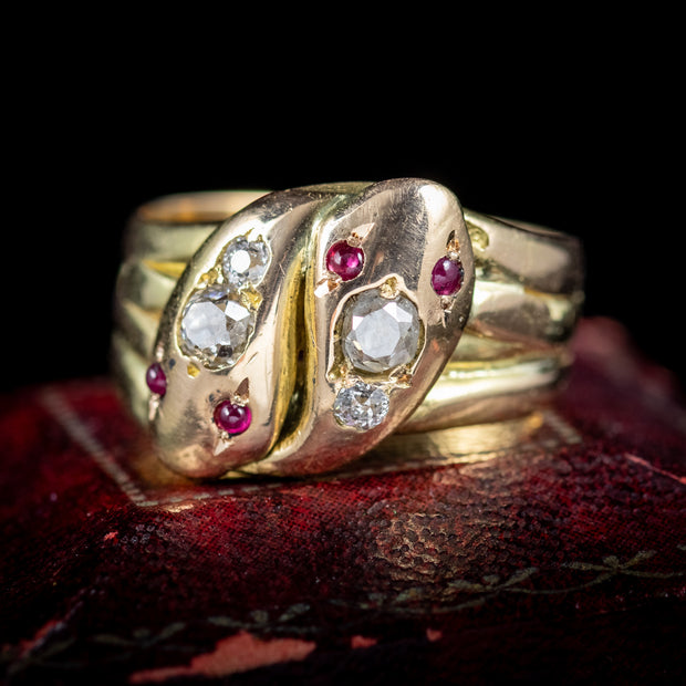 Antique Victorian Ruby Diamond Snake Ring 18Ct Gold Circa 1900