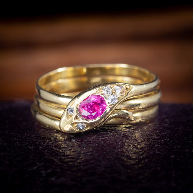 Antique Victorian Ruby Diamond Snake Ring Circa 1900