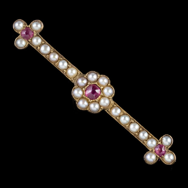 Antique Victorian Ruby Pearl Brooch 9Ct Gold Circa 1900 Boxed