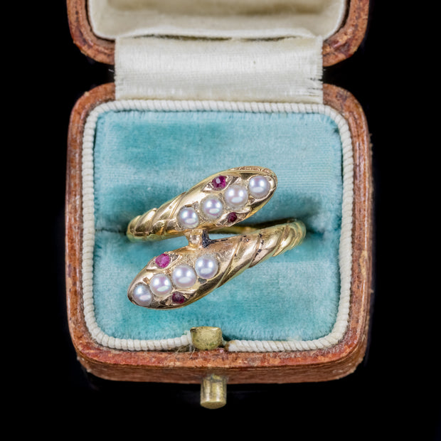 Antique Victorian Ruby Pearl Snake Ring 18Ct Gold Circa 1880