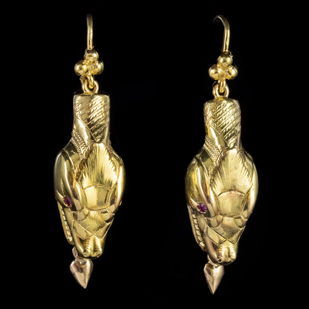 Antique Victorian Ruby Snake Drop Earrings 9Ct Gold Circa 1880