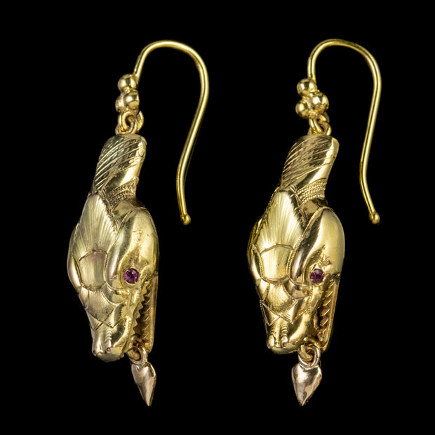 Antique Victorian Ruby Snake Drop Earrings 9Ct Gold Circa 1880