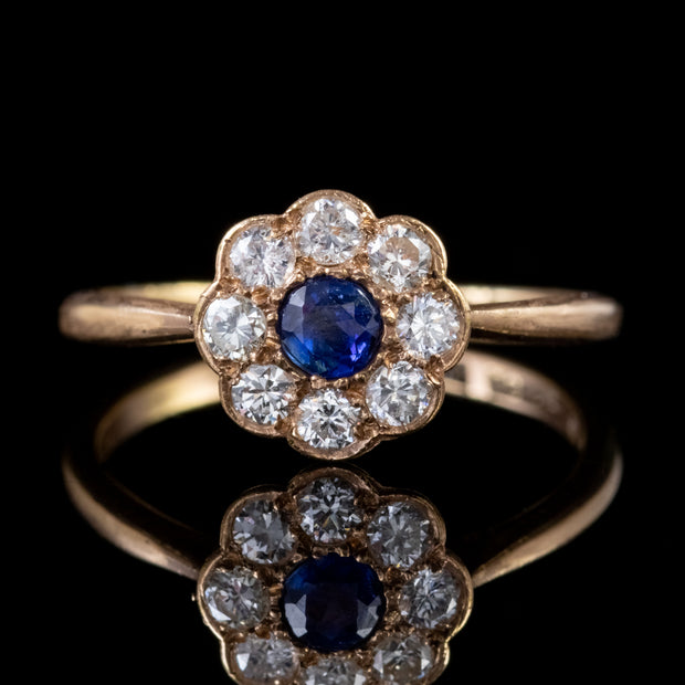 Antique Victorian Sapphire Diamond Cluster Ring 18Ct Yellow Gold Circa 1900