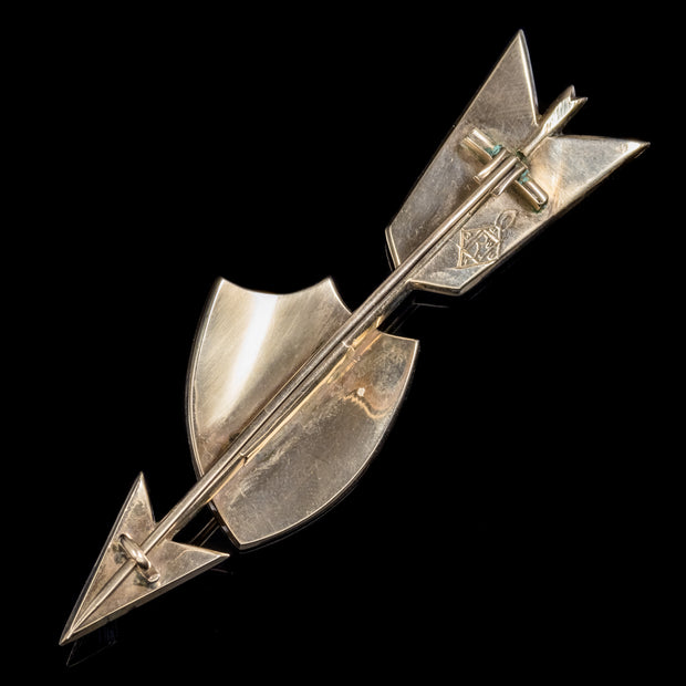 Antique Victorian Scottish Agate Arrow And Shield Brooch 18Ct Gold Circa 1860