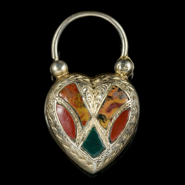 Antique Victorian Scottish Agate Heart Padlock Pendant Circa 1860