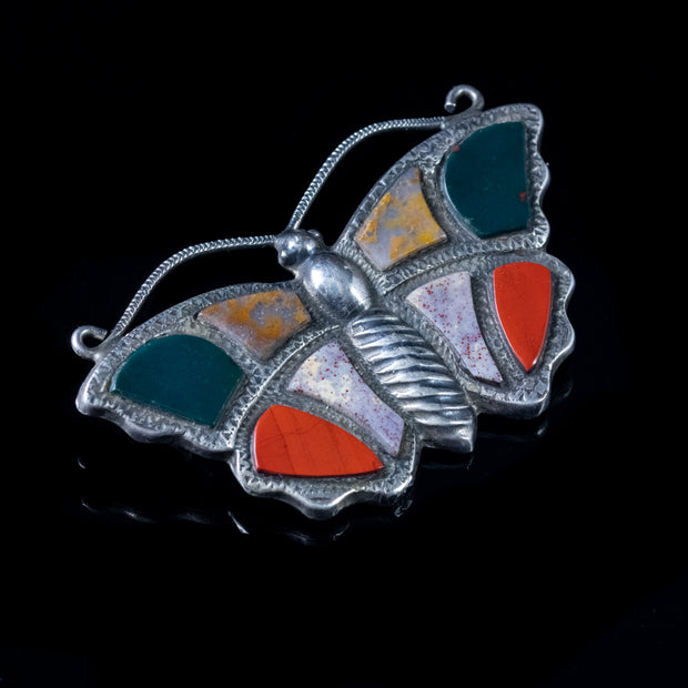 Antique Victorian Scottish Butterfly Brooch Agate Silver Circa 1860
