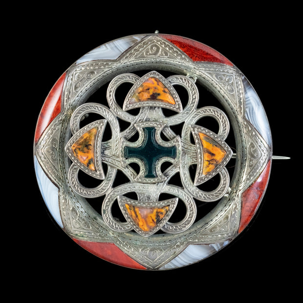 Antique Victorian Scottish Celtic Agate Brooch Silver Circa 1860