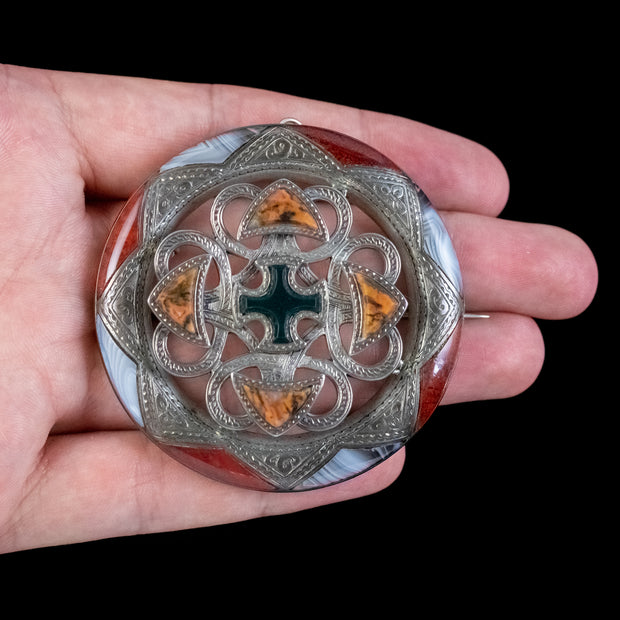 Antique Victorian Scottish Celtic Agate Brooch Silver Circa 1860