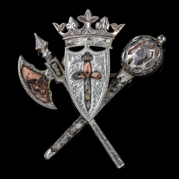 Antique Victorian Scottish Granite Brooch Silver Shield Sword Axe Circa 1860