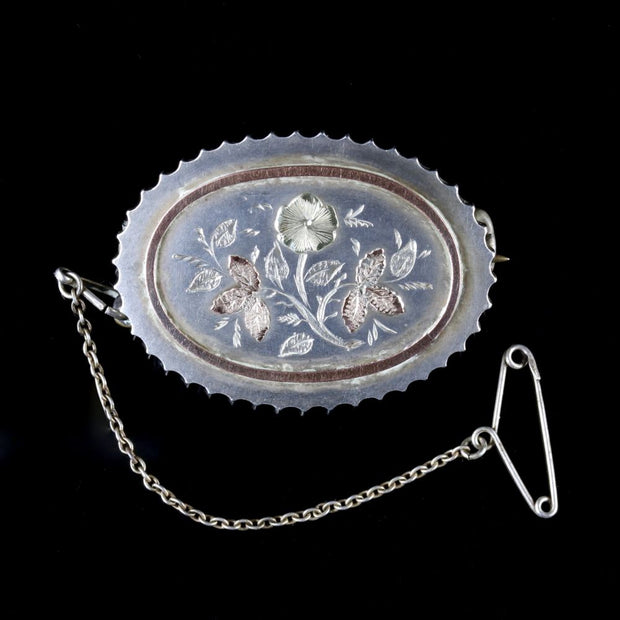 Antique Victorian Floral Locket Brooch Silver 18Ct Gold Circa 1900
