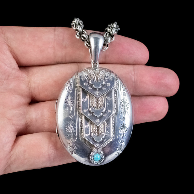 Antique Victorian Silver Turquoise Locket Circa 1880