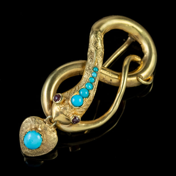 Antique Victorian Snake Brooch Turquoise Heart 18Ct Gold Circa 1880