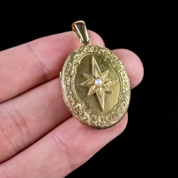 Antique Victorian Star Locket Pearl 18Ct Gold Lucky Clover Circa 1880