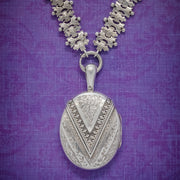 Antique Victorian Sterling Silver Ivy Locket Collar Necklace Circa 1880