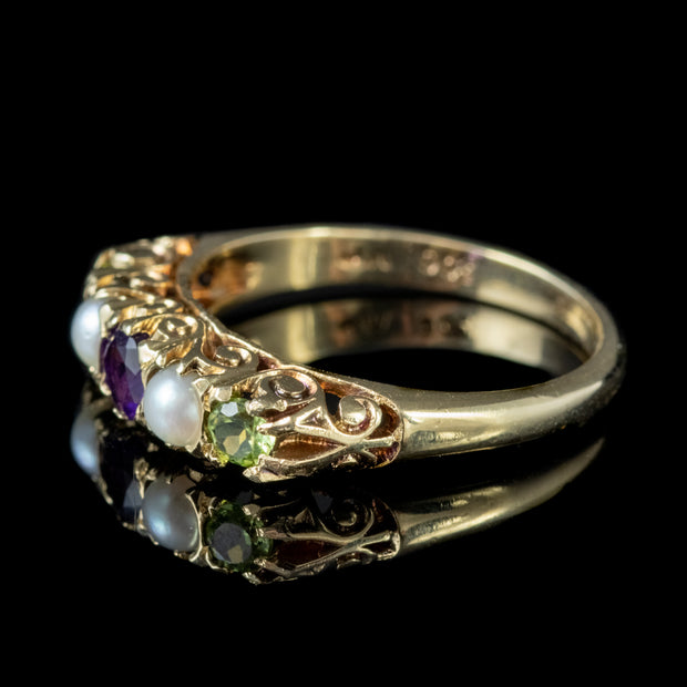 Antique Edwardian Suffragette Gold Ring Amethyst Pearl Peridot Circa 1900