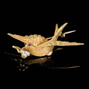 Antique Victorian Swallow Brooch Pearl Clover 15Ct Gold Circa 1880 Boxed