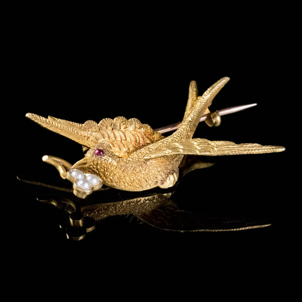 Antique Victorian Swallow Brooch Pearl Clover 15Ct Gold Circa 1880 Boxed