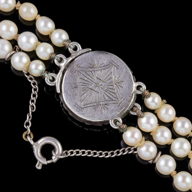Art Deco Triple Pearl Necklace Georgian Diamond Clasp