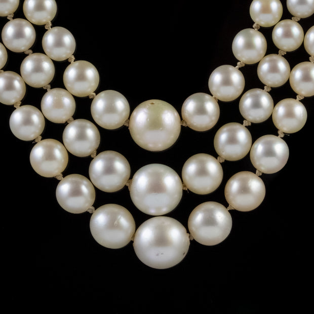 Art Deco Triple Pearl Necklace Georgian Diamond Clasp