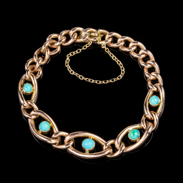 Antique Victorian Turquoise Curb Bracelet 15Ct Rose Gold Circa 1860