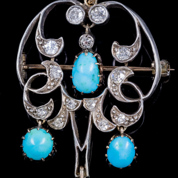 Antique Edwardian Art Nouveau Turquoise Diamond Pendant Silver 18ct Gold