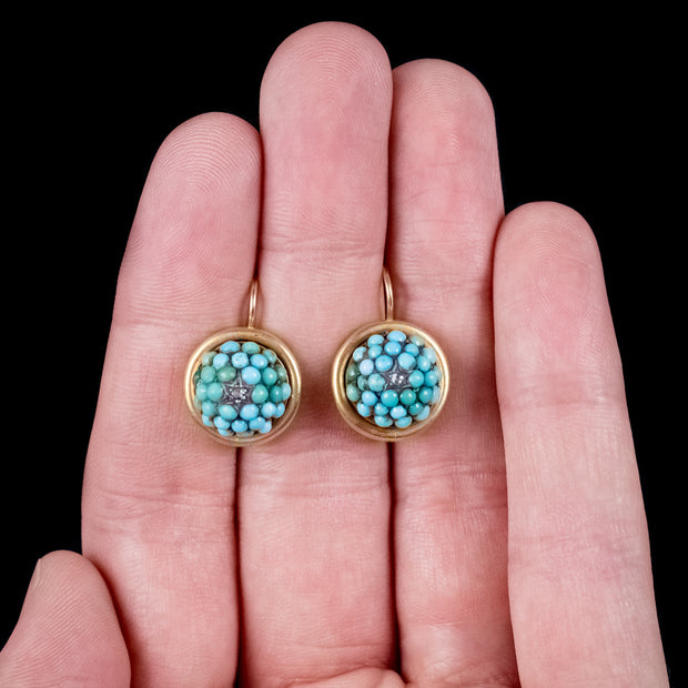 Antique Victorian Turquoise Diamond Earrings 15Ct Gold Circa 1880