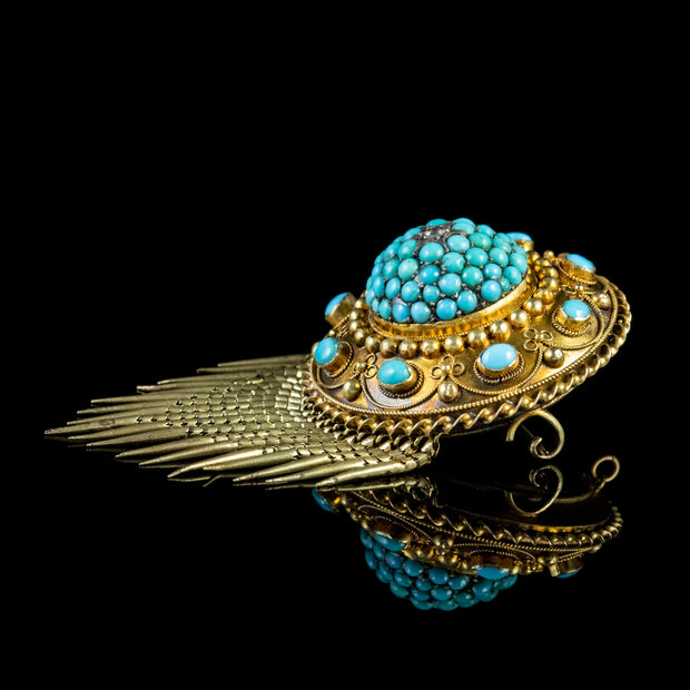 Antique Victorian Turquoise Fringe Brooch Locket 18Ct Gold Circa 1880