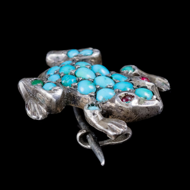 Antique Victorian Turquoise Frog Brooch Silver Circa 1900