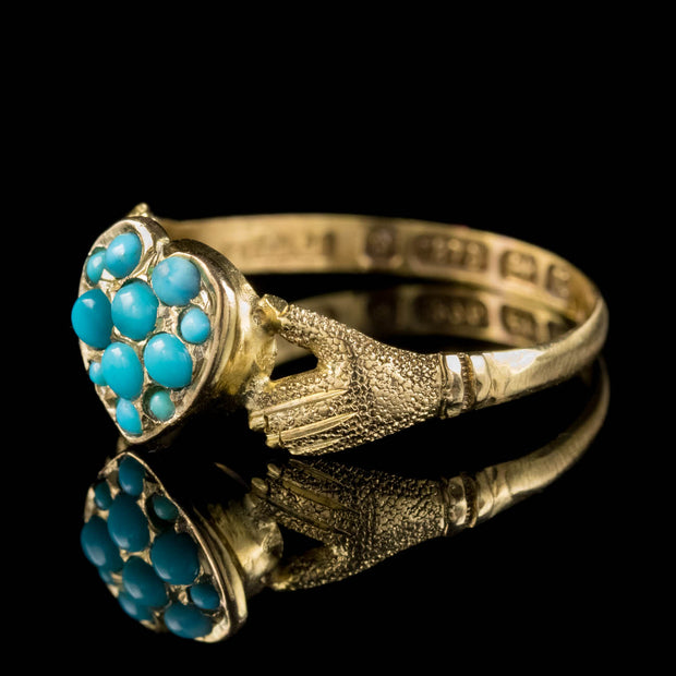 Antique Victorian Turquoise Heart Claddagh Locket Ring 9Ct Gold Dated 1872