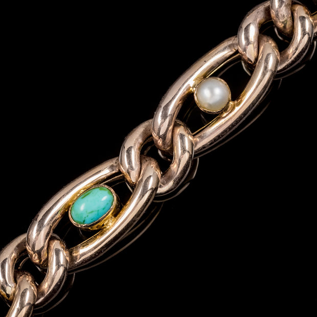 Antique Victorian Turquoise Pearl 9Ct Rose Gold Bracelet Circa 1900