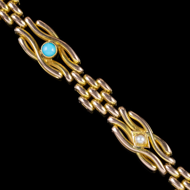 Antique Victorian Turquoise Pearl Bracelet 9Ct Gold Circa 1880