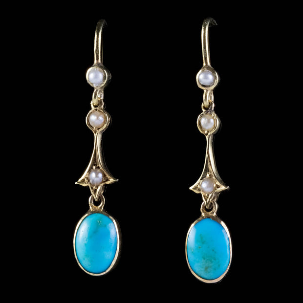 Antique Victorian Turquoise Pearl Drop Earrings 18Ct Gold Circa 1890