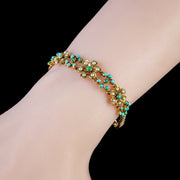 Antique Victorian Turquoise Pearl Forget Me Not Bracelet 15Ct Gold Circa 1880