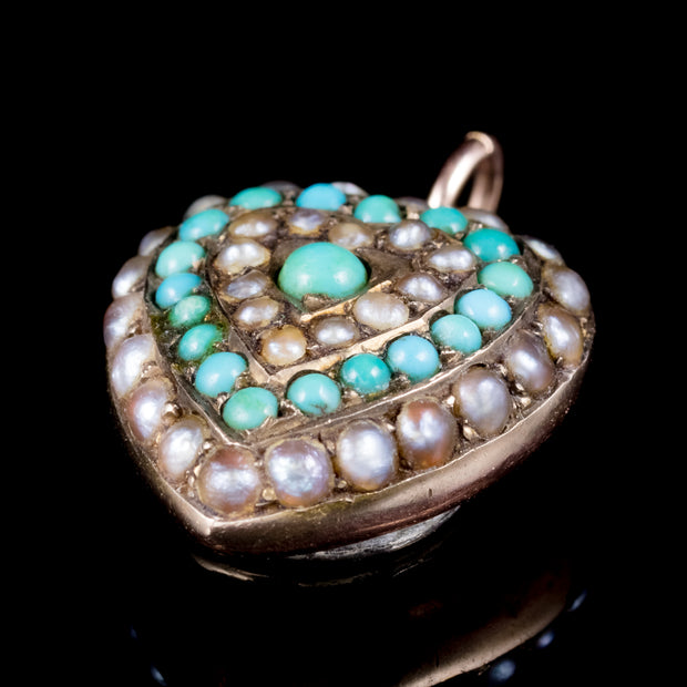 Antique Victorian Turquoise Pearl Heart Pendant Locket 18Ct Gold Circa 1900