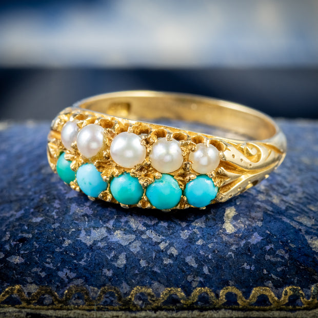 Antique Victorian Turquoise Pearl Ring 18Ct Gold Circa 1880